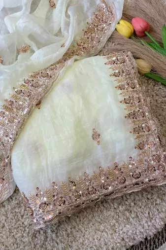 White Color Beeds Work Silk Blend Saree