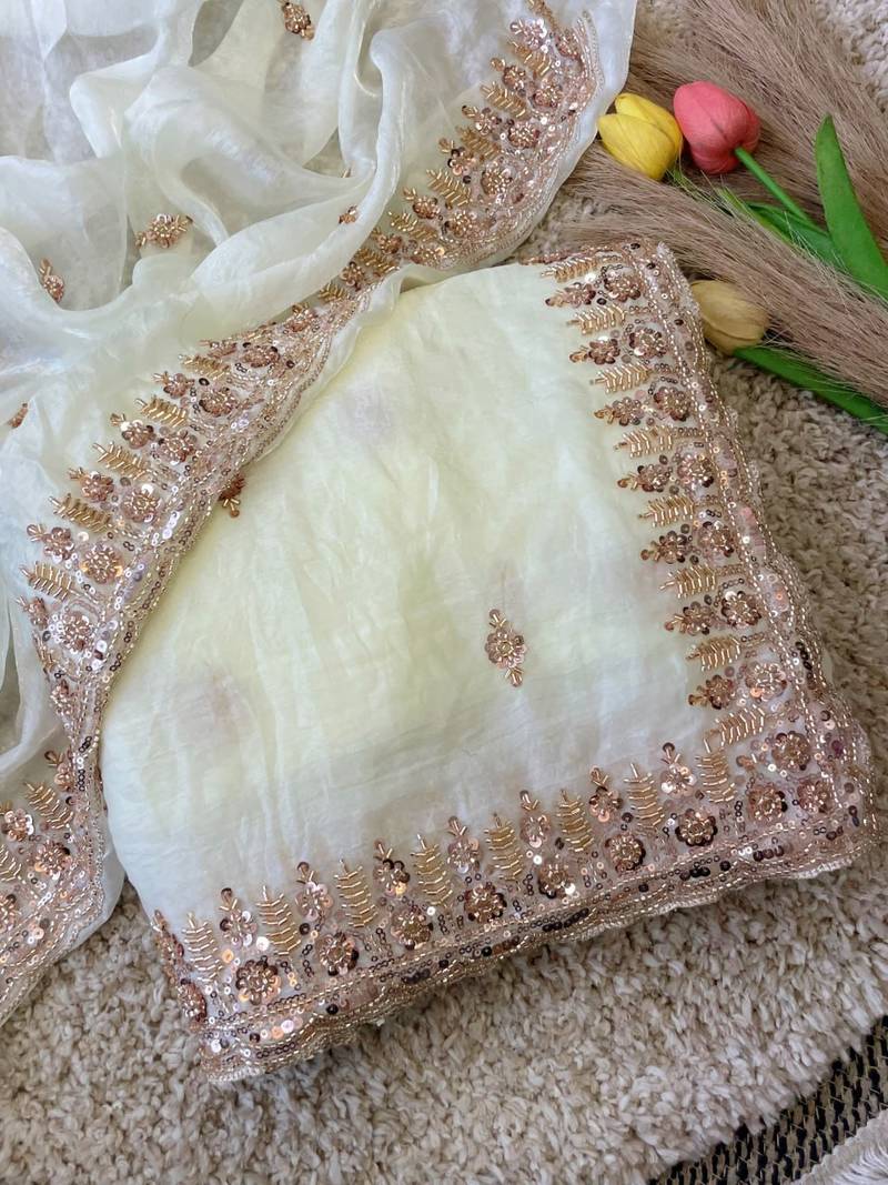 White Color Beeds Work Silk Blend Saree