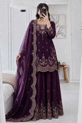 plum color cording embroidery sequin work kurti sharara set 1