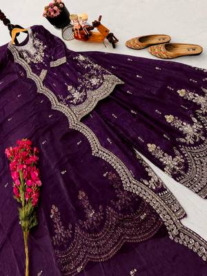 plum color cording embroidery sequin work kurti sharara set 2