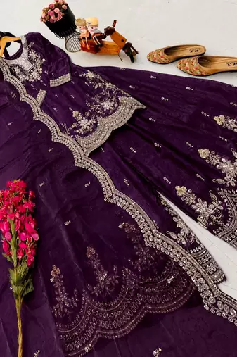 plum color cording embroidery sequin work kurti sharara set