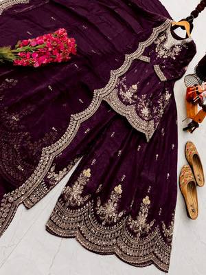 plum color cording embroidery sequin work kurti sharara set 3