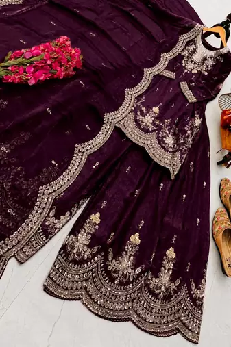 plum color cording embroidery sequin work kurti sharara set