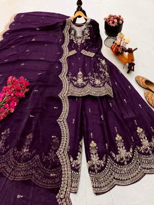 plum color cording embroidery sequin work kurti sharara set 4