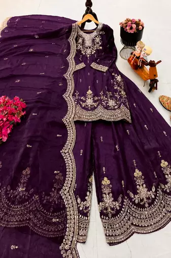 plum color cording embroidery sequin work kurti sharara set