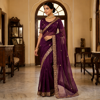 Wine Color Beeds Work Silk Blend Saree 1