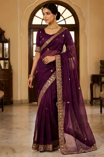 Wine Color Beeds Work Silk Blend Saree