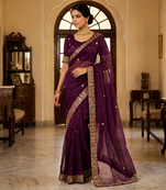 Wine Color Beeds Work Silk Blend Saree