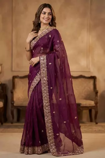 Wine Color Beeds Work Silk Blend Saree
