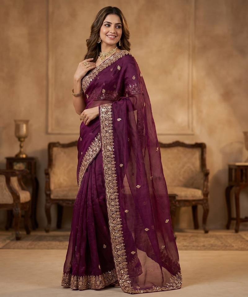Wine Color Beeds Work Silk Blend Saree