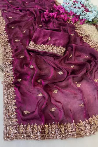 Wine Color Beeds Work Silk Blend Saree