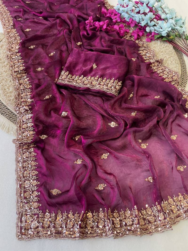 Wine Color Beeds Work Silk Blend Saree