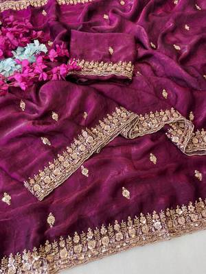 Wine Color Beeds Work Silk Blend Saree 4