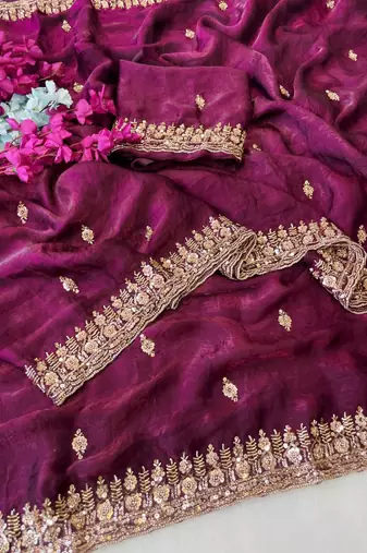 Wine Color Beeds Work Silk Blend Saree