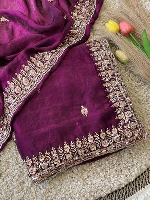 Wine Color Beeds Work Silk Blend Saree 5