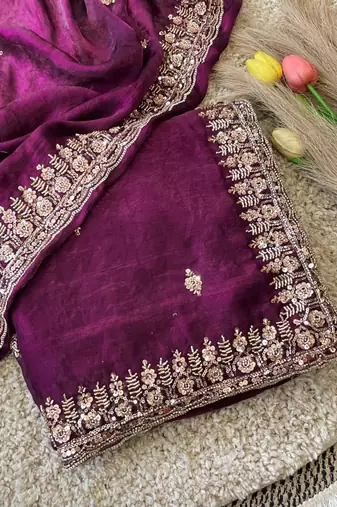 Wine Color Beeds Work Silk Blend Saree