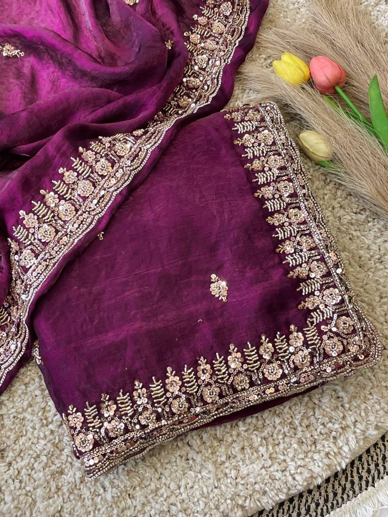 Wine Color Beeds Work Silk Blend Saree