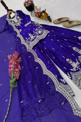 purple color cording embroidery sequin work kurti sharara set