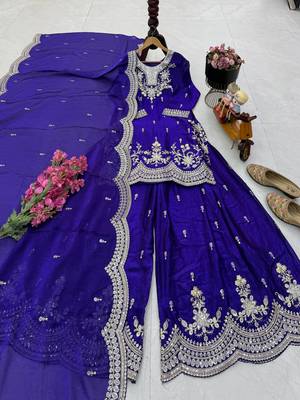 purple color cording embroidery sequin work kurti sharara set 4