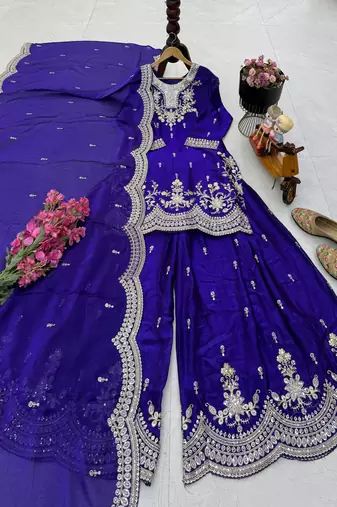 purple color cording embroidery sequin work kurti sharara set