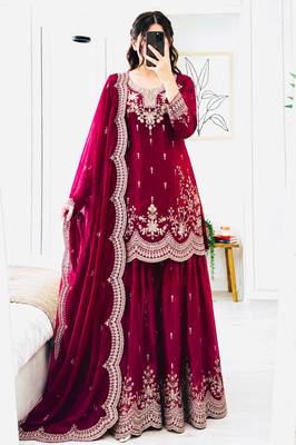 red color cording embroidery sequin work kurti sharara set 1