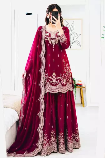red color cording embroidery sequin work kurti sharara set