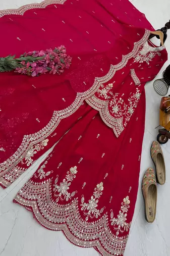 red color cording embroidery sequin work kurti sharara set