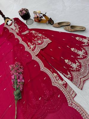 red color cording embroidery sequin work kurti sharara set 3