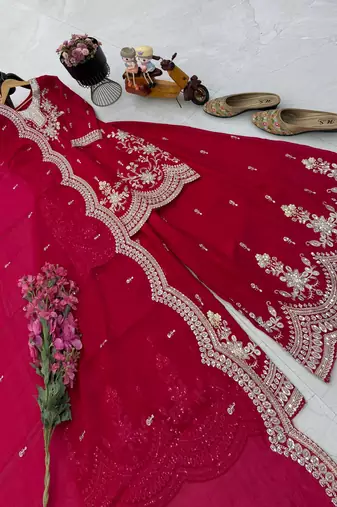 red color cording embroidery sequin work kurti sharara set