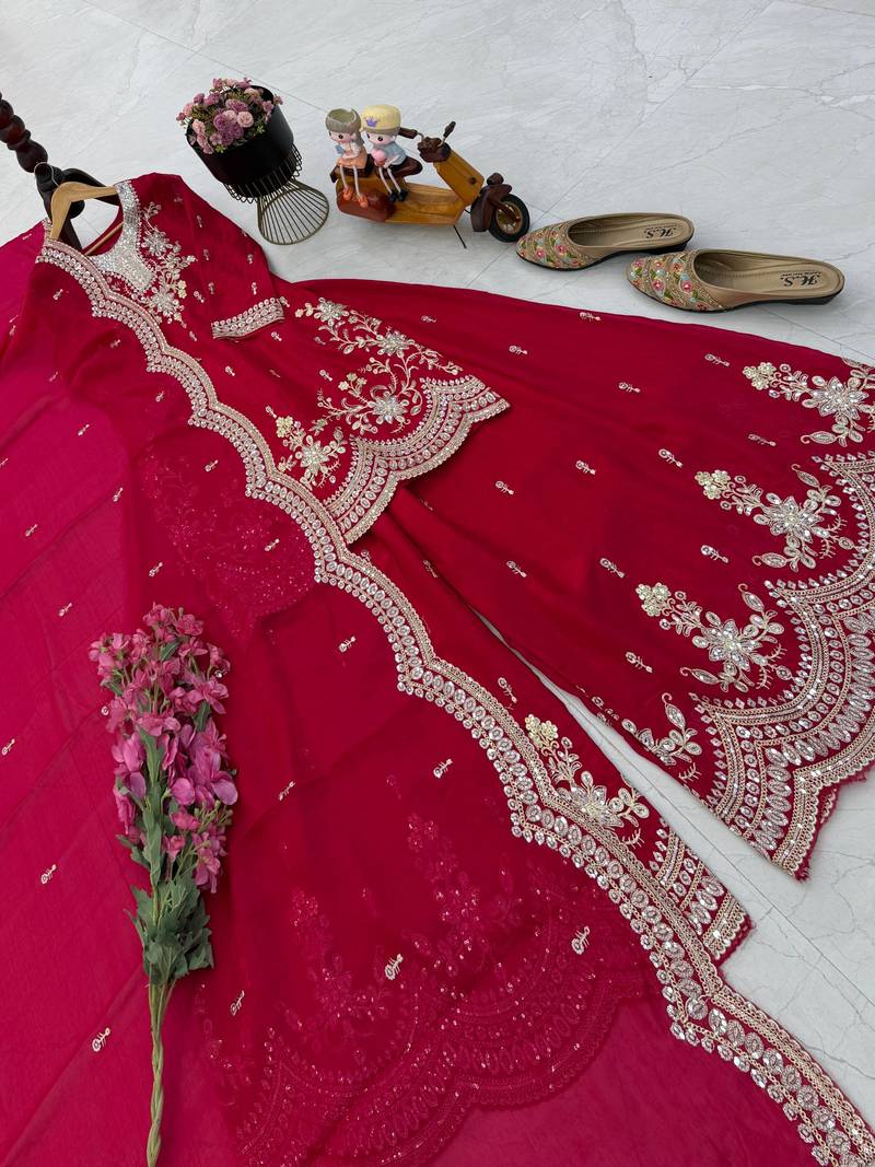 red color cording embroidery sequin work kurti sharara set