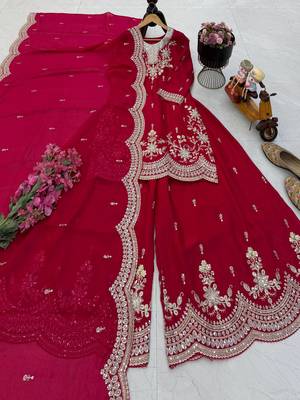 red color cording embroidery sequin work kurti sharara set 4
