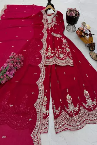 red color cording embroidery sequin work kurti sharara set