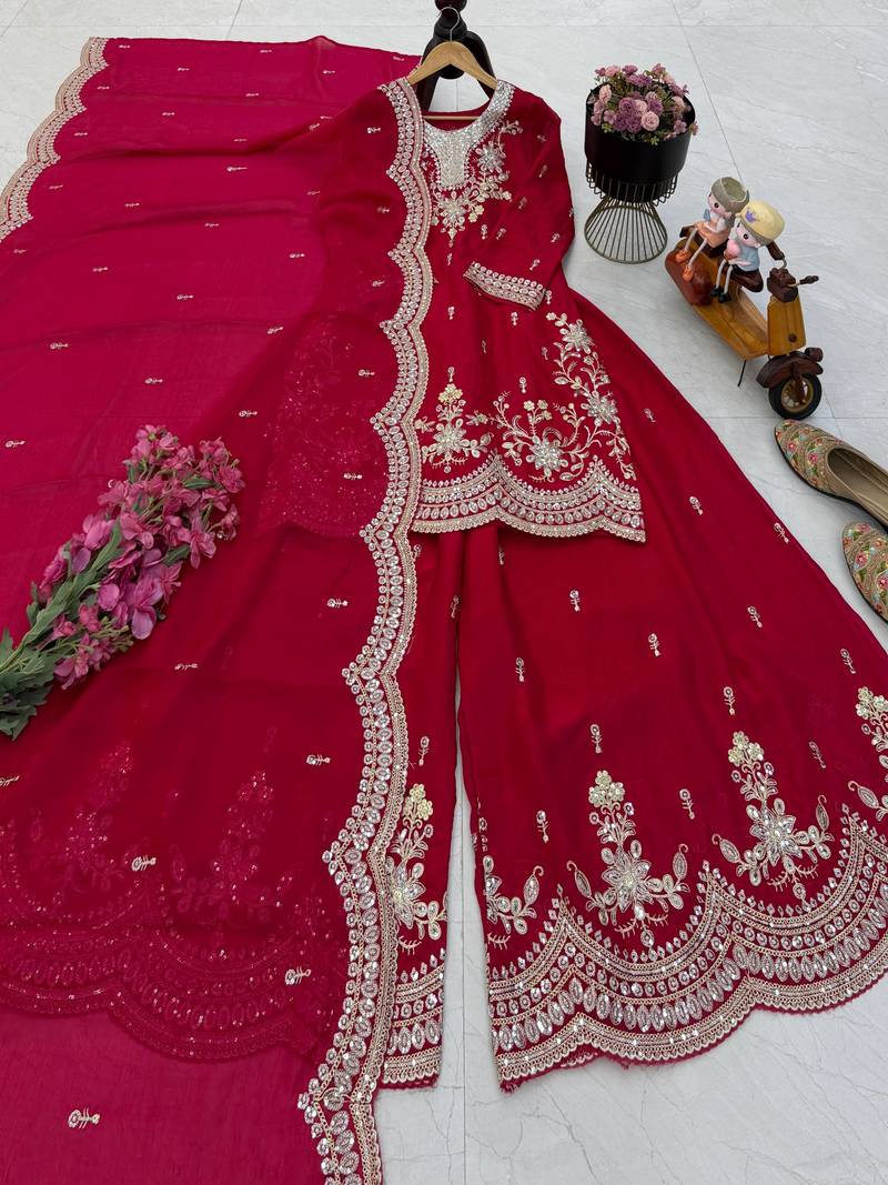 red color cording embroidery sequin work kurti sharara set