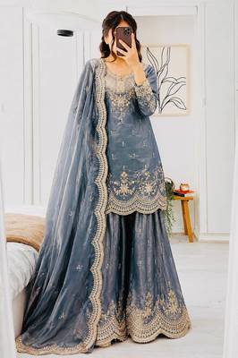 sky blue color cording embroidery sequin work kurti sharara set 1