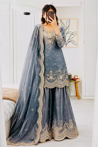 sky blue color cording embroidery sequin work kurti sharara set