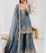 sky blue color cording embroidery sequin work kurti sharara set