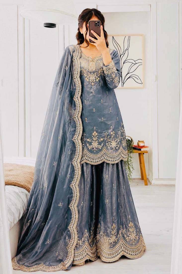 sky blue color cording embroidery sequin work kurti sharara set