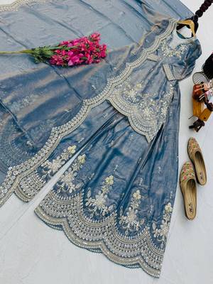 sky blue color cording embroidery sequin work kurti sharara set 2