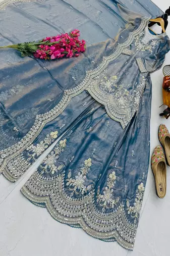 sky blue color cording embroidery sequin work kurti sharara set