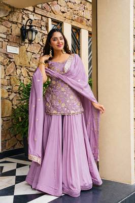 Light lavender silk  party wear embroidery sharara suit set 1