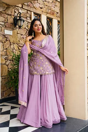 Light lavender silk  party wear embroidery sharara suit set