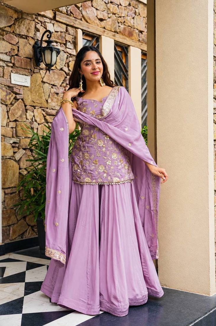 Light lavender silk  party wear embroidery sharara suit set
