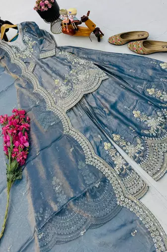 sky blue color cording embroidery sequin work kurti sharara set