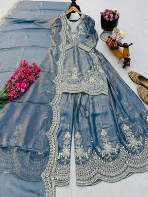 sky blue color cording embroidery sequin work kurti sharara set 4