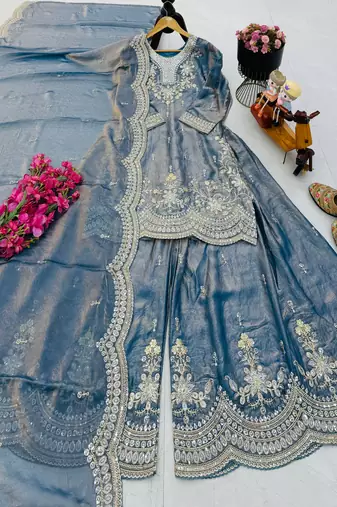 sky blue color cording embroidery sequin work kurti sharara set