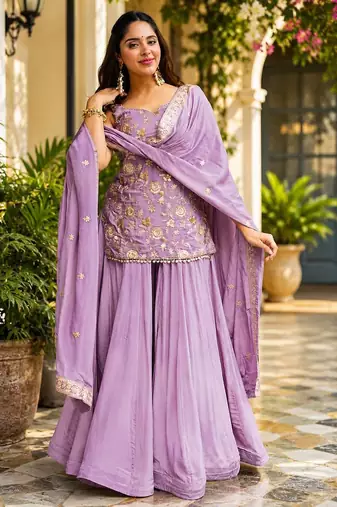 Light lavender silk  party wear embroidery sharara suit set