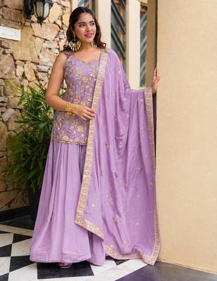 Light lavender silk  party wear embroidery sharara suit set 3