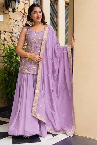 Light lavender silk  party wear embroidery sharara suit set