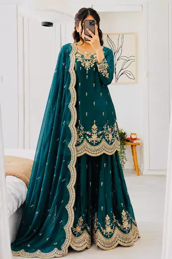 teal color cording embroidery sequin work kurti sharara set