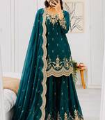 teal color cording embroidery sequin work kurti sharara set